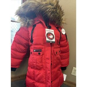 Canada Weathergear Red Long Hooded Puffer Parka Coat Girl Medium 10/12 Faux Fur